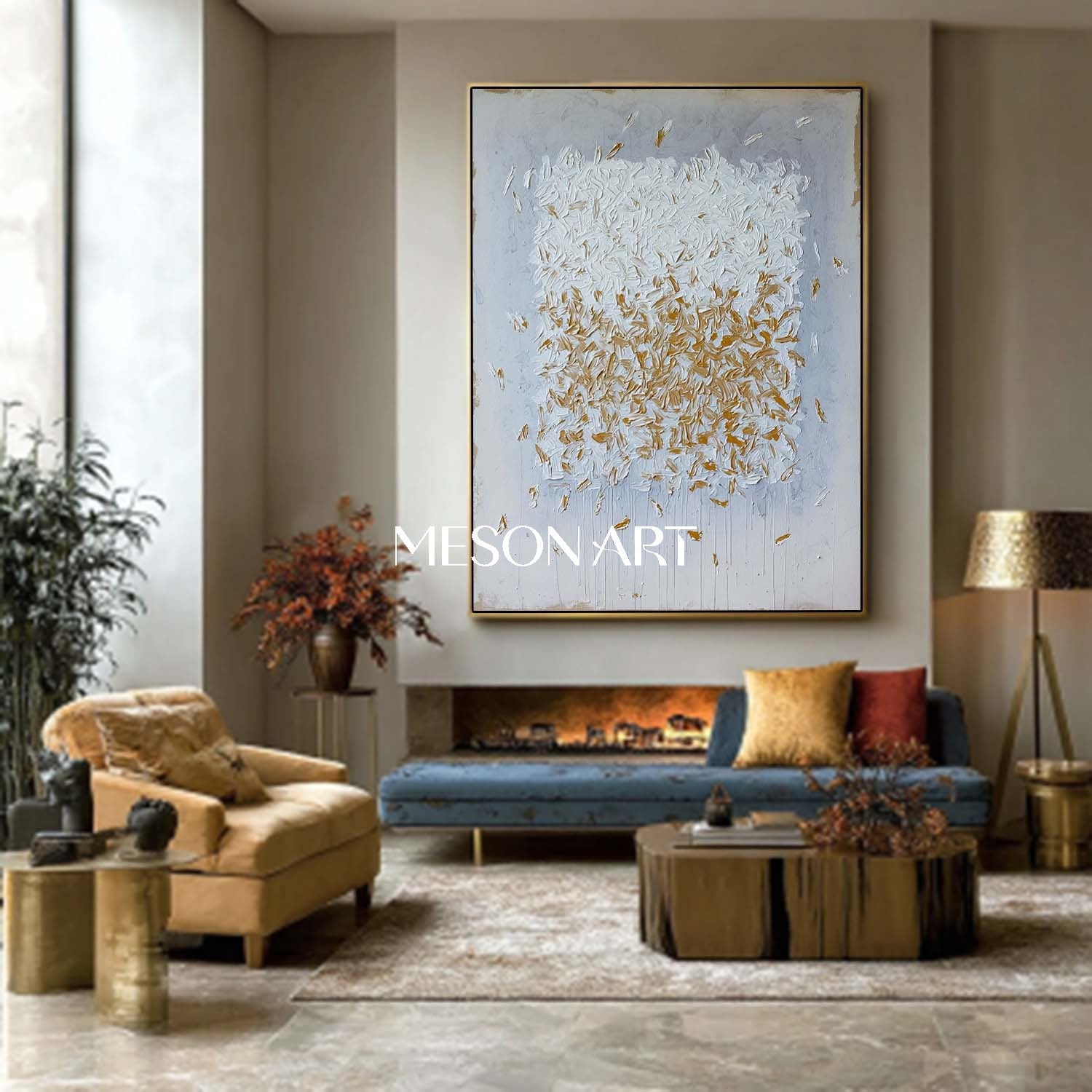 Large Abstract Canvas Painting Blue and Gold Brush Strokes Wall Art