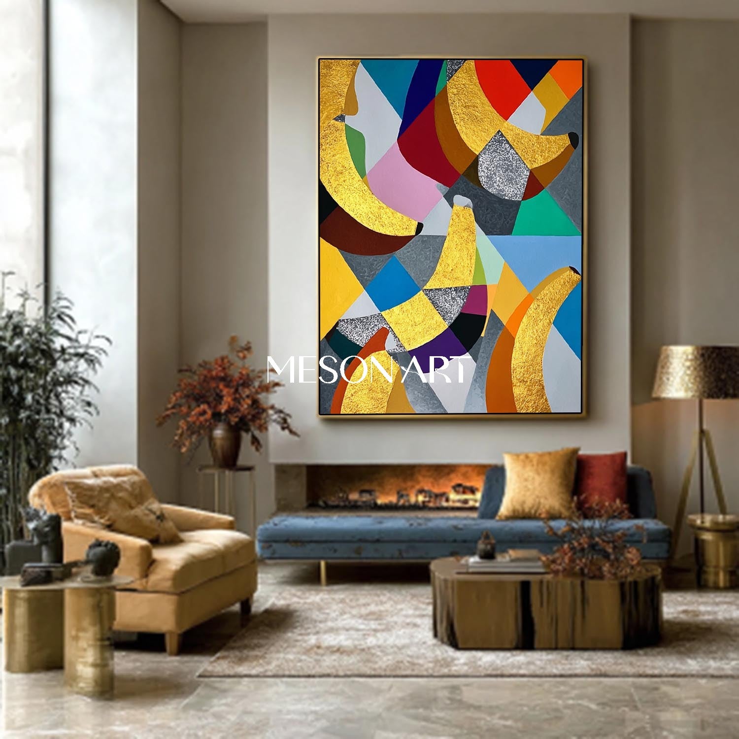 Geometric Gold Banana Pop Art Abstract Oil Painting Modern Wall Decor