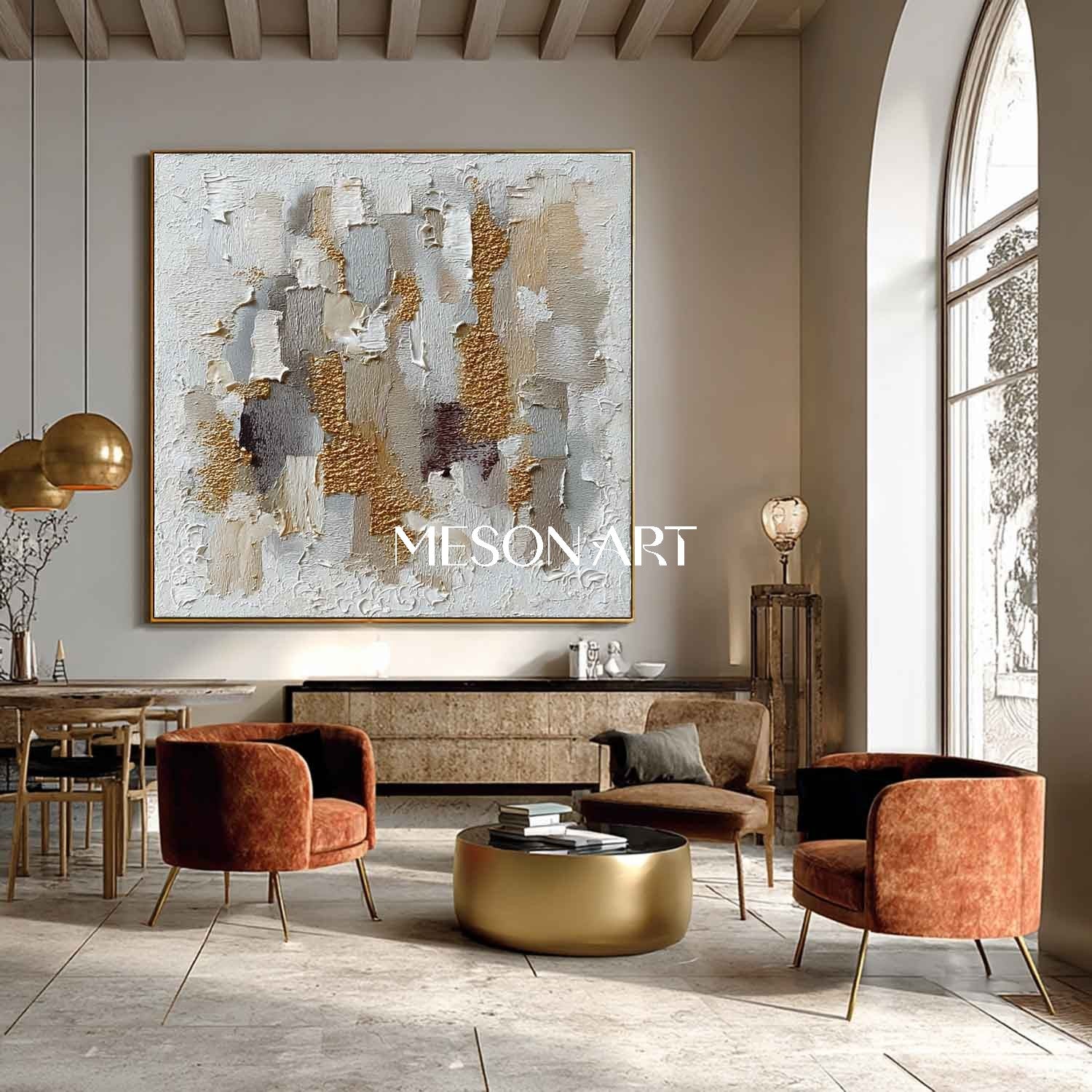 Geometric Abstract Wabi-Sabi Painting Textured White Grey Gold Canvas