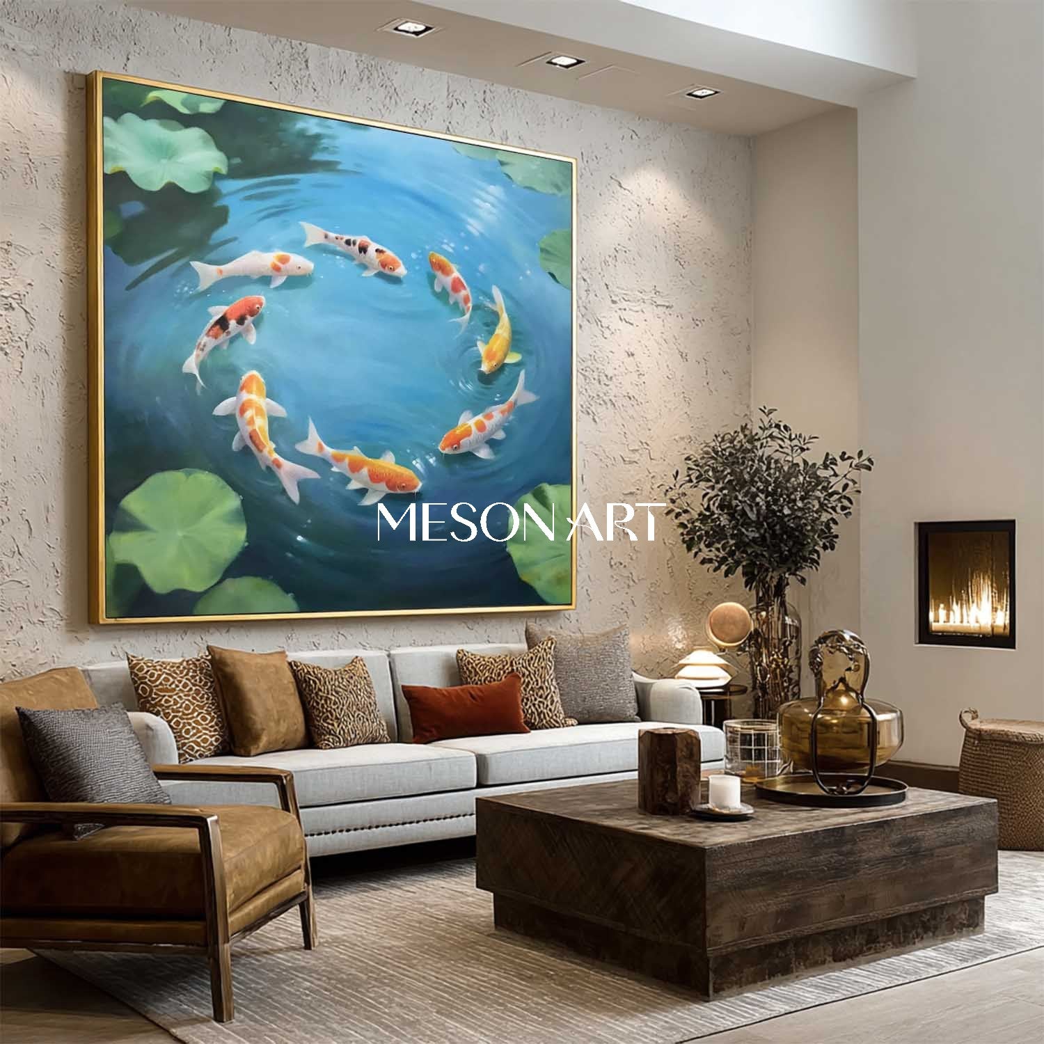 Modern Koi Fish Painting Pond Water Realism Wall Art for Living Room