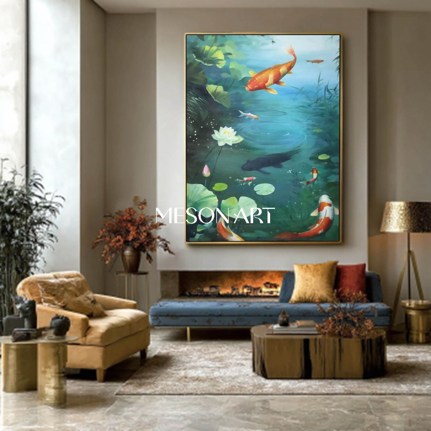 Tranquil Oil Painting Blue Pond Koi Fish Zen Interiors Wall Art Decor