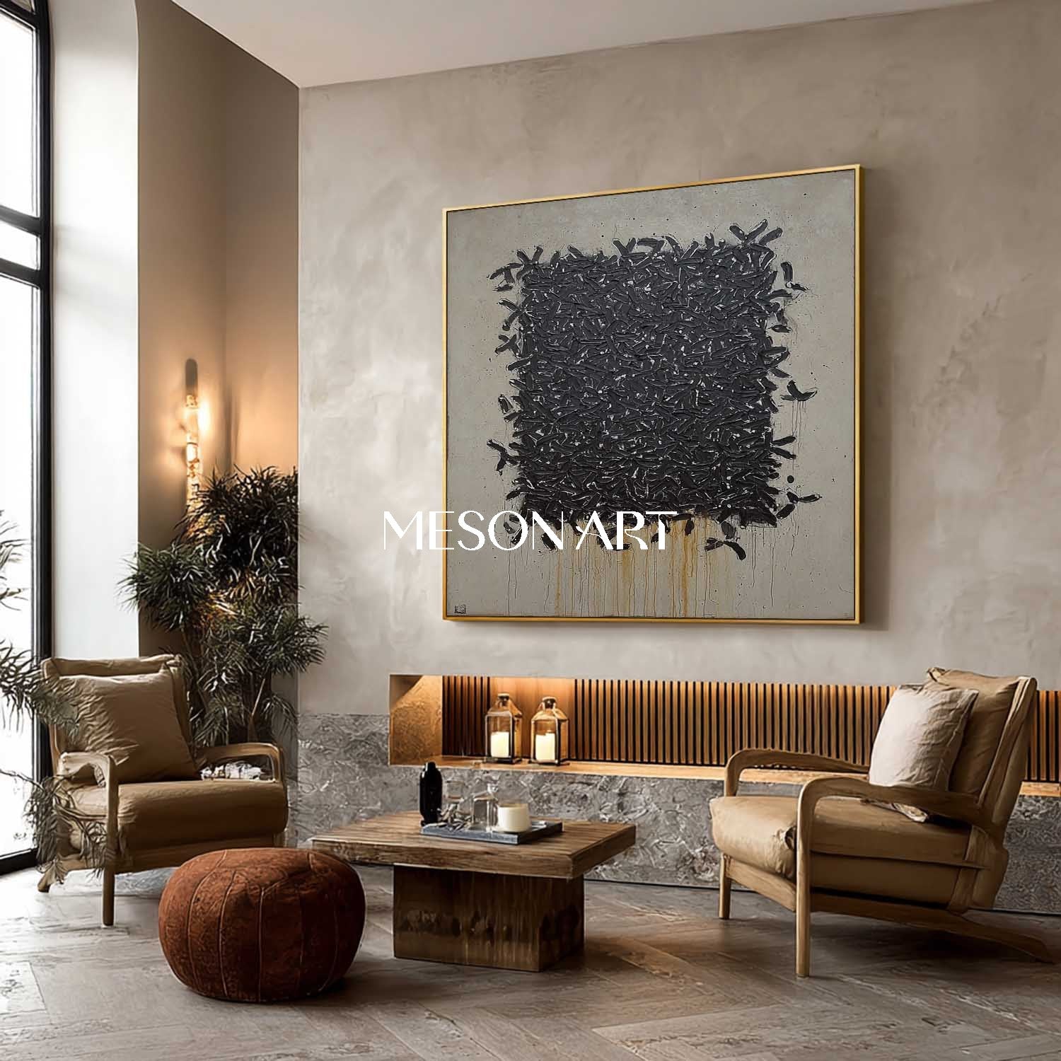 Black Taupe Abstract Artwork Textured Brush Strokes Modern Wall Art