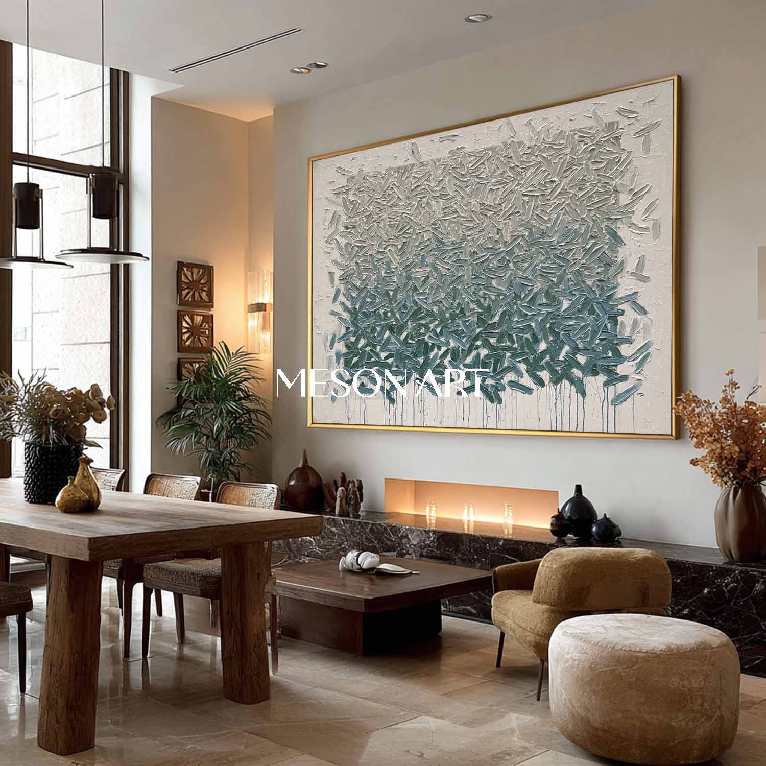 Horizontal Abstract Canvas Painting Grey Blue-Green Textured Wall Art
