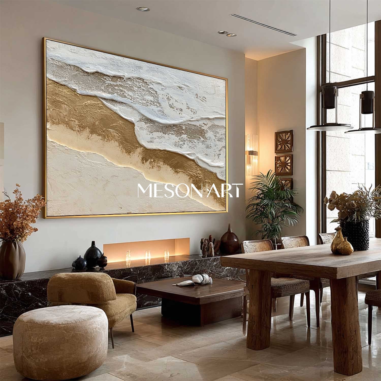 3D White and Gold Ocean Waves Texture Painting Beach Abstract Wall Art
