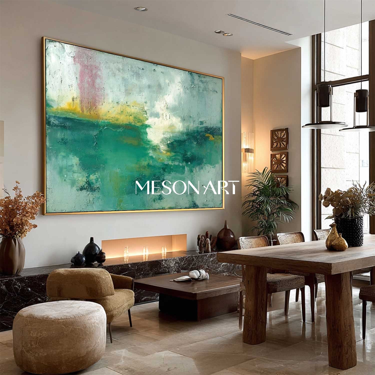 Large Light Green Abstract Art for Sale Living Room Framed Wall Decor