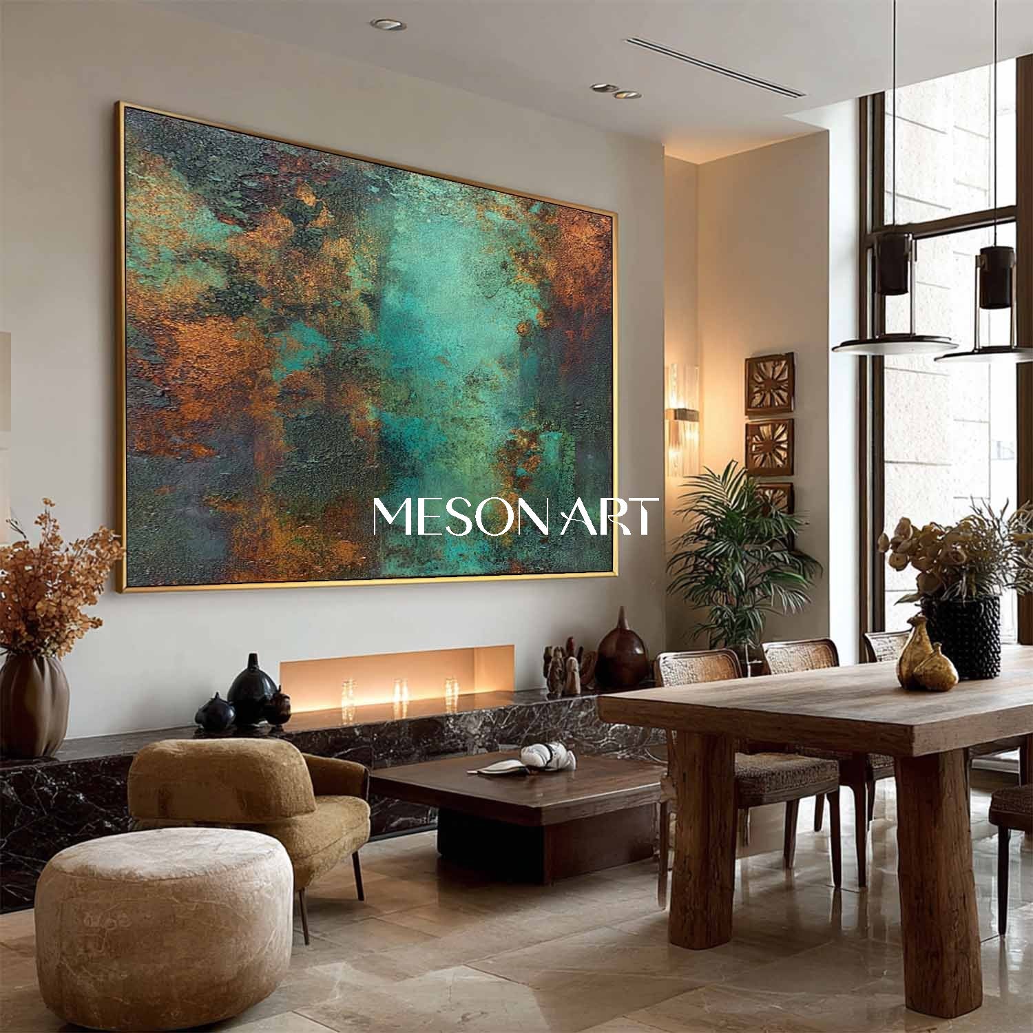 Big Green and Bronze Abstract Texture Art Fireplace Canvas Wall Decor