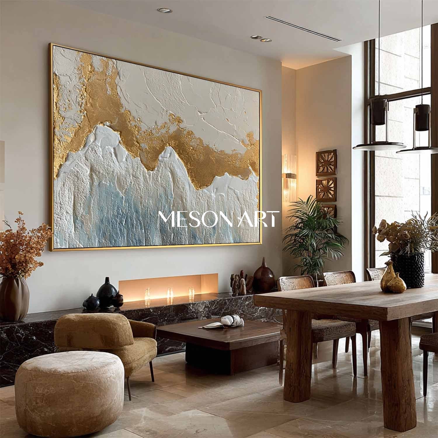 3D White and Gold Wave Texture Painting Plaster Abstract Wall Art
