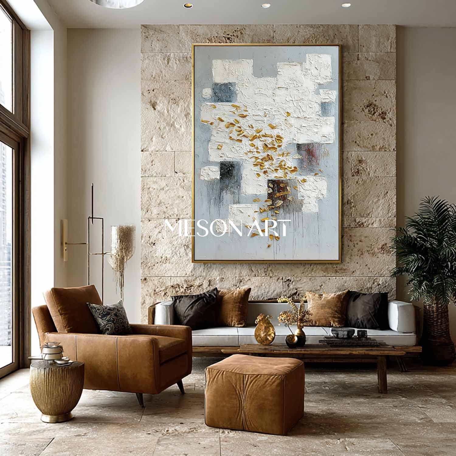 Vertical Abstract Painting White Blocks with Gold Textured Wall Art