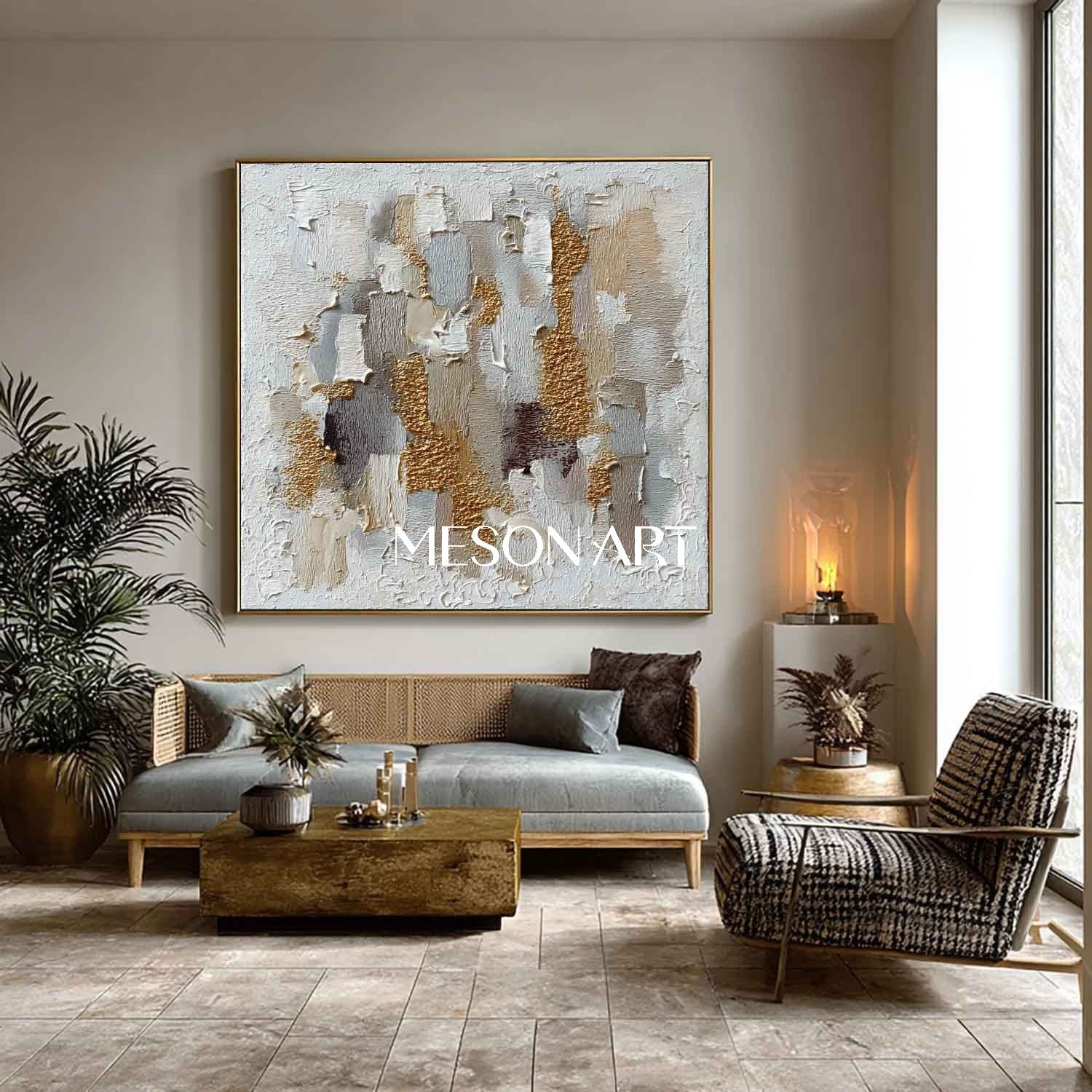 Geometric Abstract Wabi-Sabi Painting Textured White Grey Gold Canvas