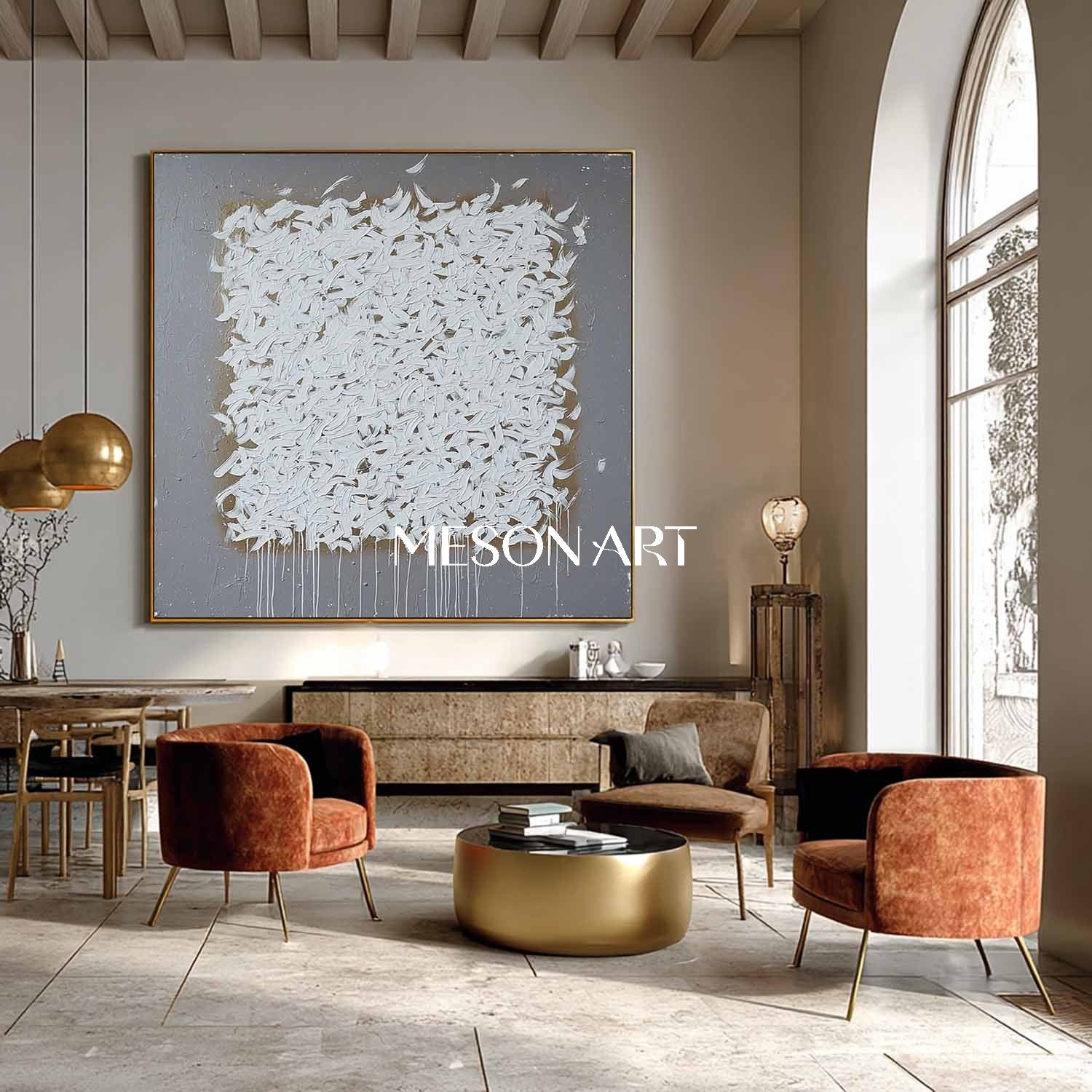 Wabi-Sabi Abstract Oil Painting White Brush Strokes Grey Canvas Art