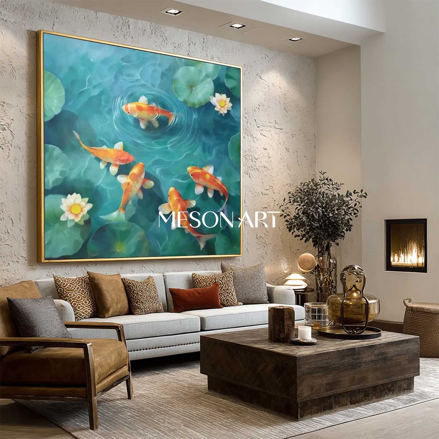 Lotus Pond Koi Fish Canvas Oil Painting Green Wall Art for Living Room