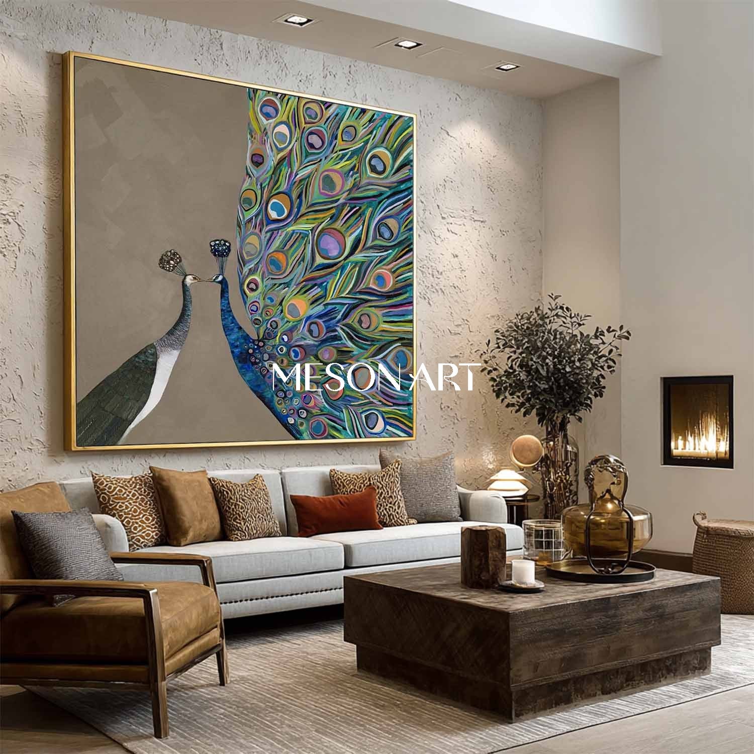 Modern Abstract Peacock Couple Wall Art Brown Canvas Painting Enterway