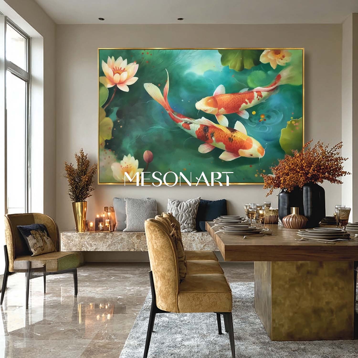 Hand-Painted Romantic Koi Fish Couple Wall Art Lotus Pond Canvas Decor