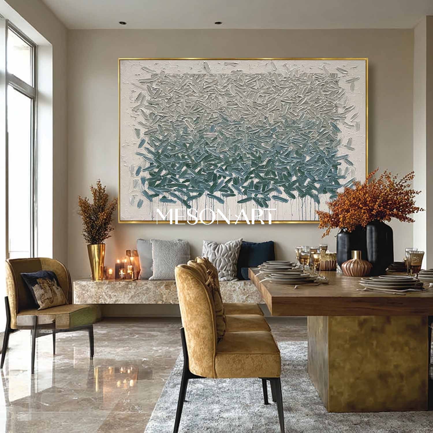 Horizontal Abstract Canvas Painting Grey Blue-Green Textured Wall Art