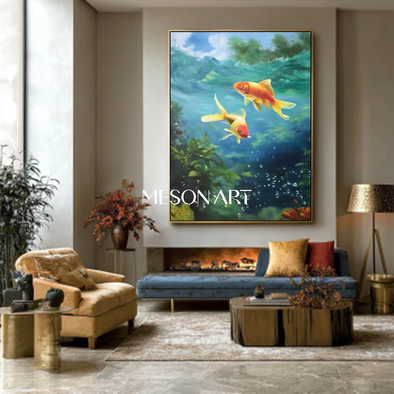 Blue Water Goldfish Painting Feng Shui Wall Art Home and Office Decor