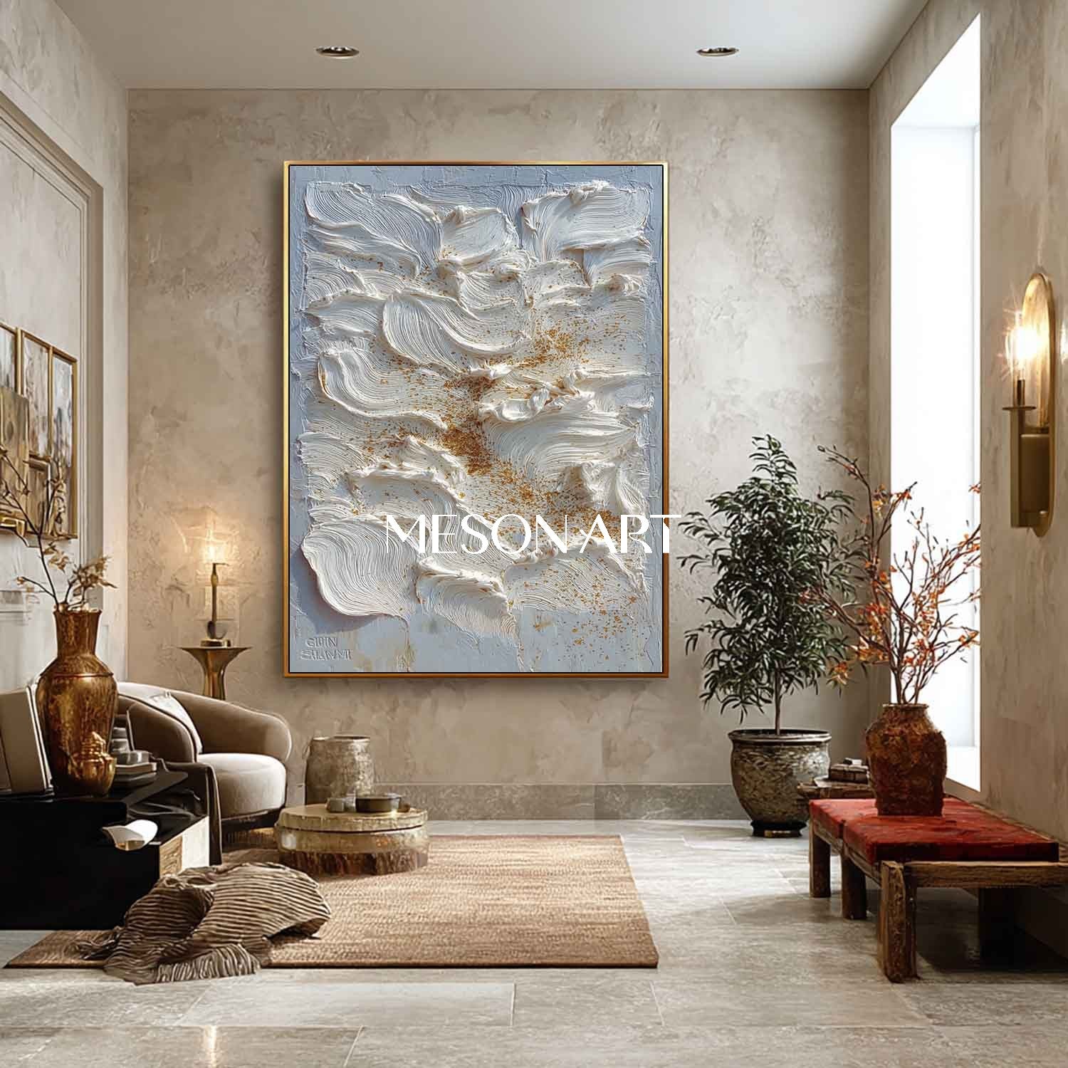 Large Vertical Impasto Painting White Texture Canvas with Gold Accents