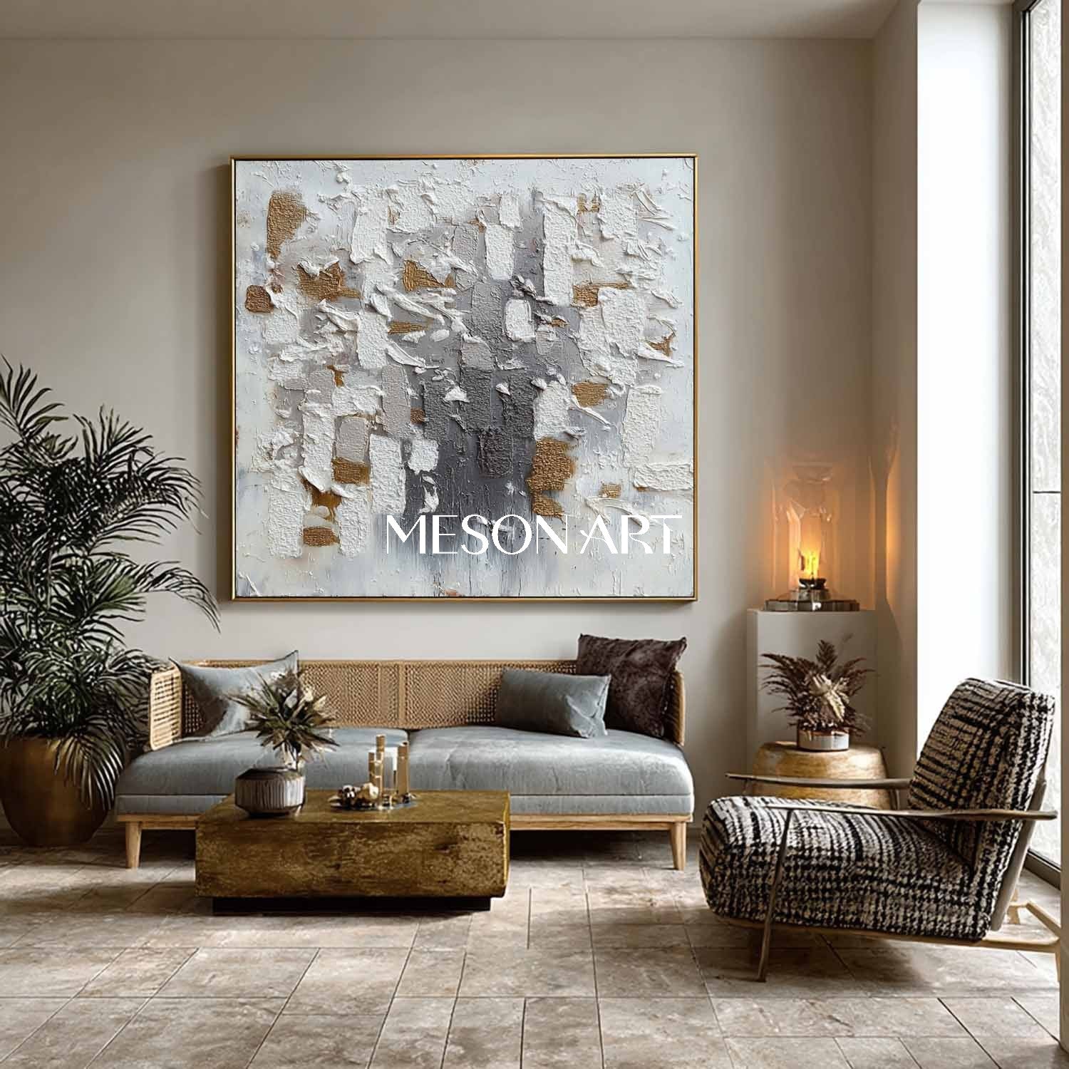 Geometric Abstract Wabi-Sabi Painting Textured White Grey Gold Canvas