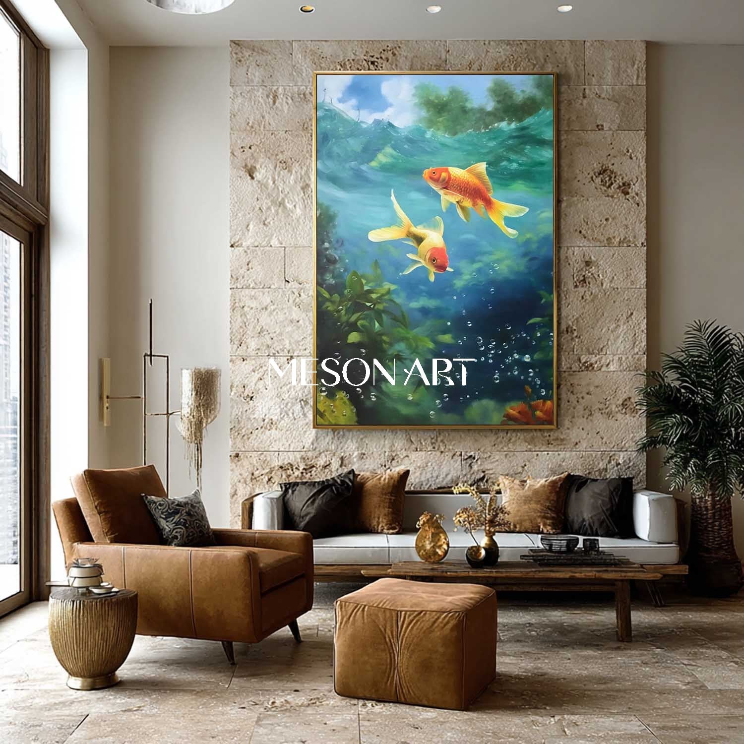 青い水金魚絵画風水壁アート ホームとオフィスの装飾 – MesonArt