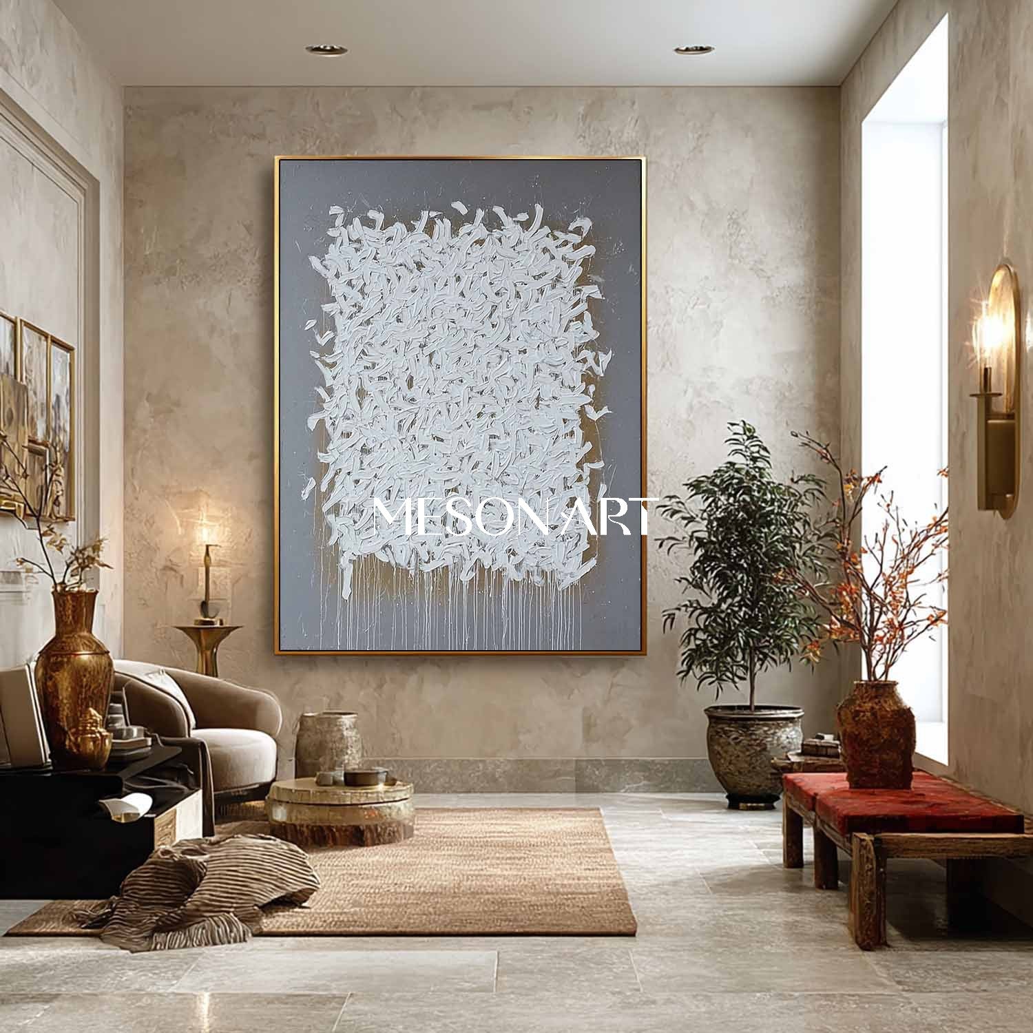 Wabi-Sabi Abstract Painting White Brush Strokes Grey Minimalist Canvas