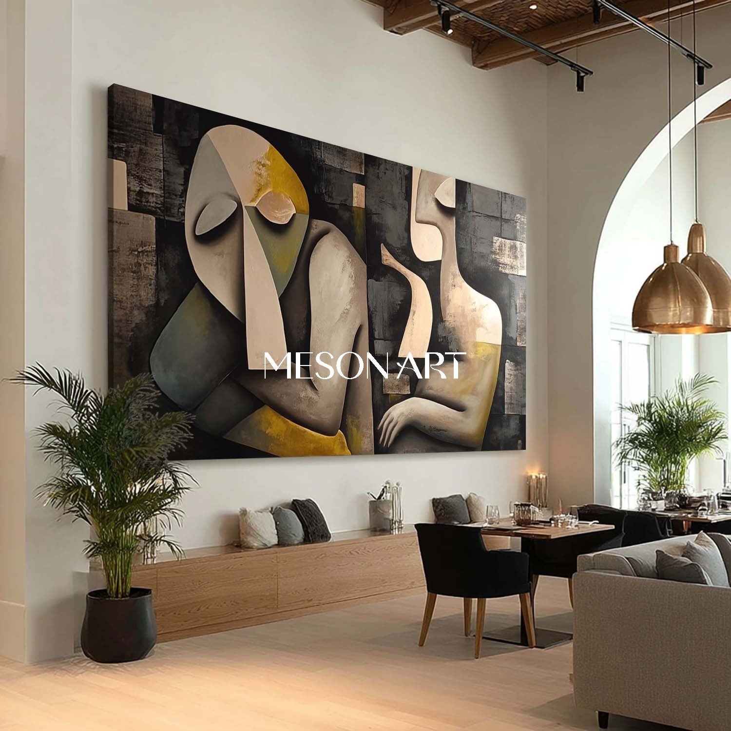 Large Picasso Style Abstract Cubism Wall Art Black Textured Painting