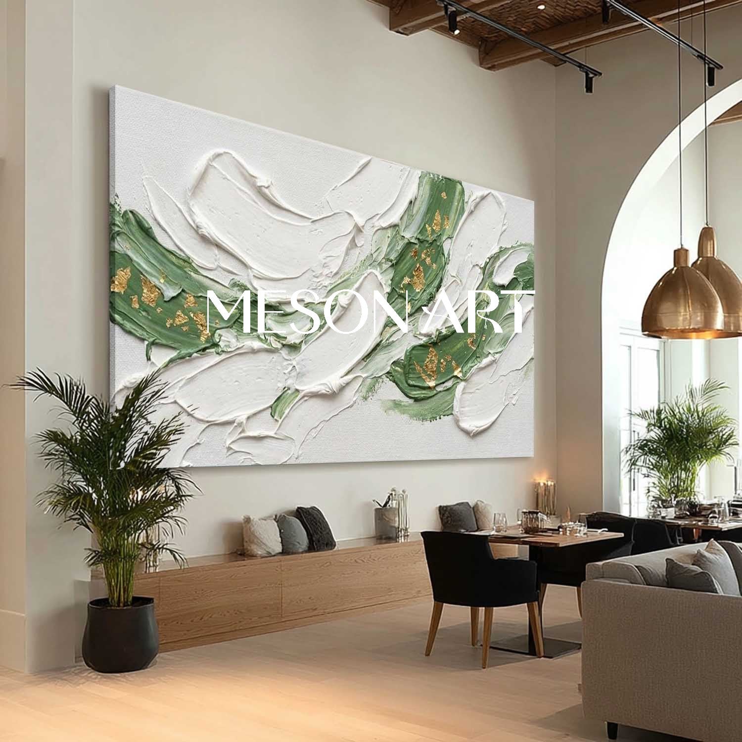 Large White Plaster Abstract Canvas Art White And Light Green Wall Art Decor