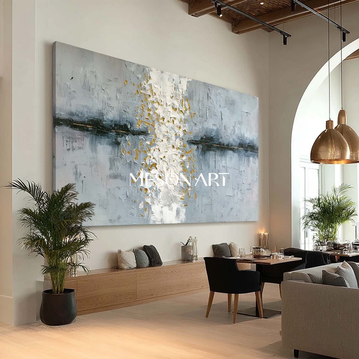 Panoramic Textured Abstract Art White Gold Texture on Grey Blue Canvas