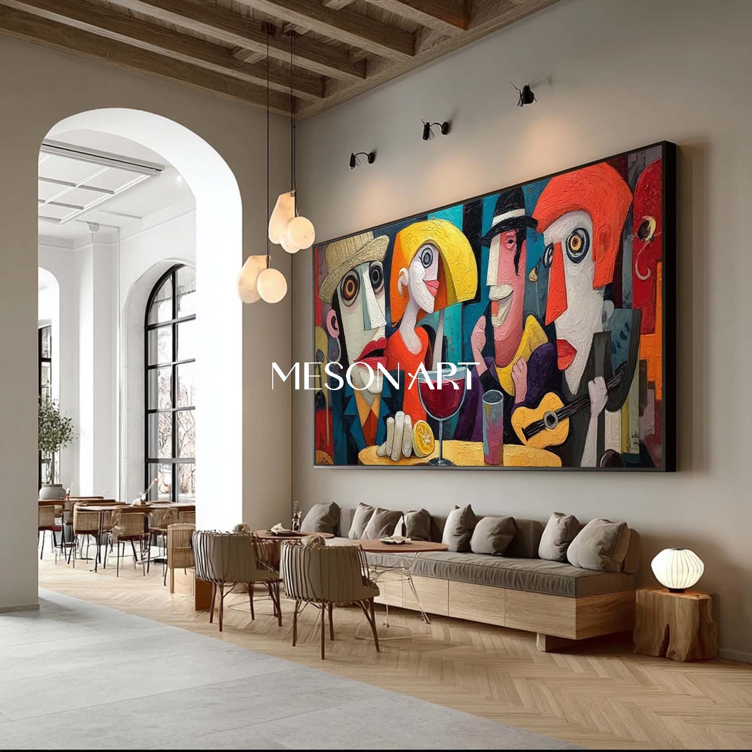 リビングルームやホテルのロビーに、ポップアートで抽象的な肖像画を