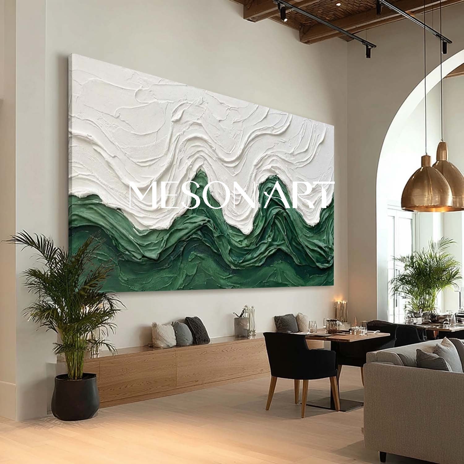 Long Horizontal Abstract Wave Art | Framed Textured Emerald Green Canvas