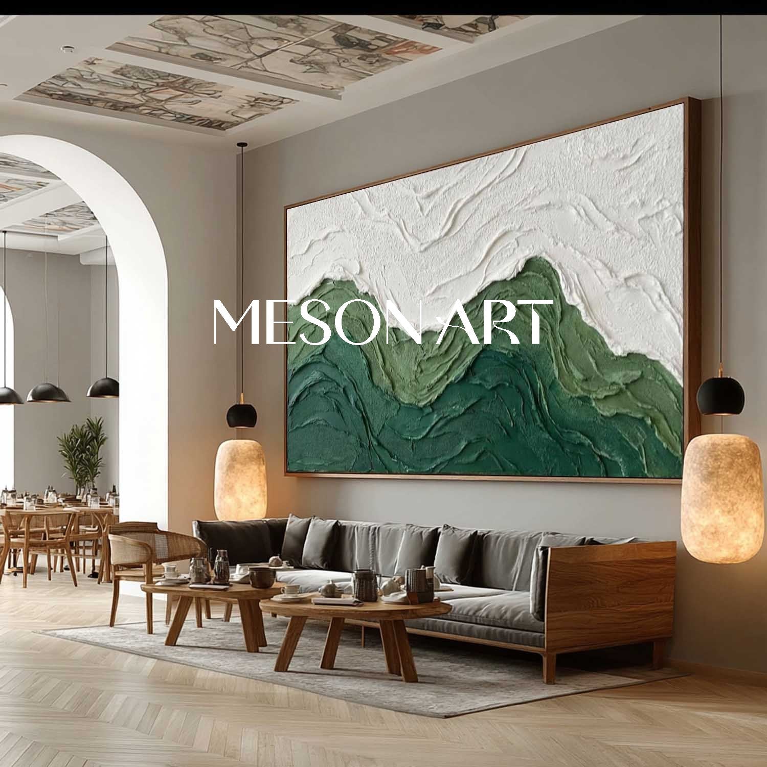 Large Green Living Room Wall Art 3D Abstract Texture Painting Of Ocean Waves And Beaches.