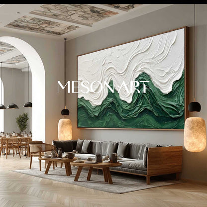 Long Horizontal Abstract Wave Art | Framed Textured Emerald Green Canvas