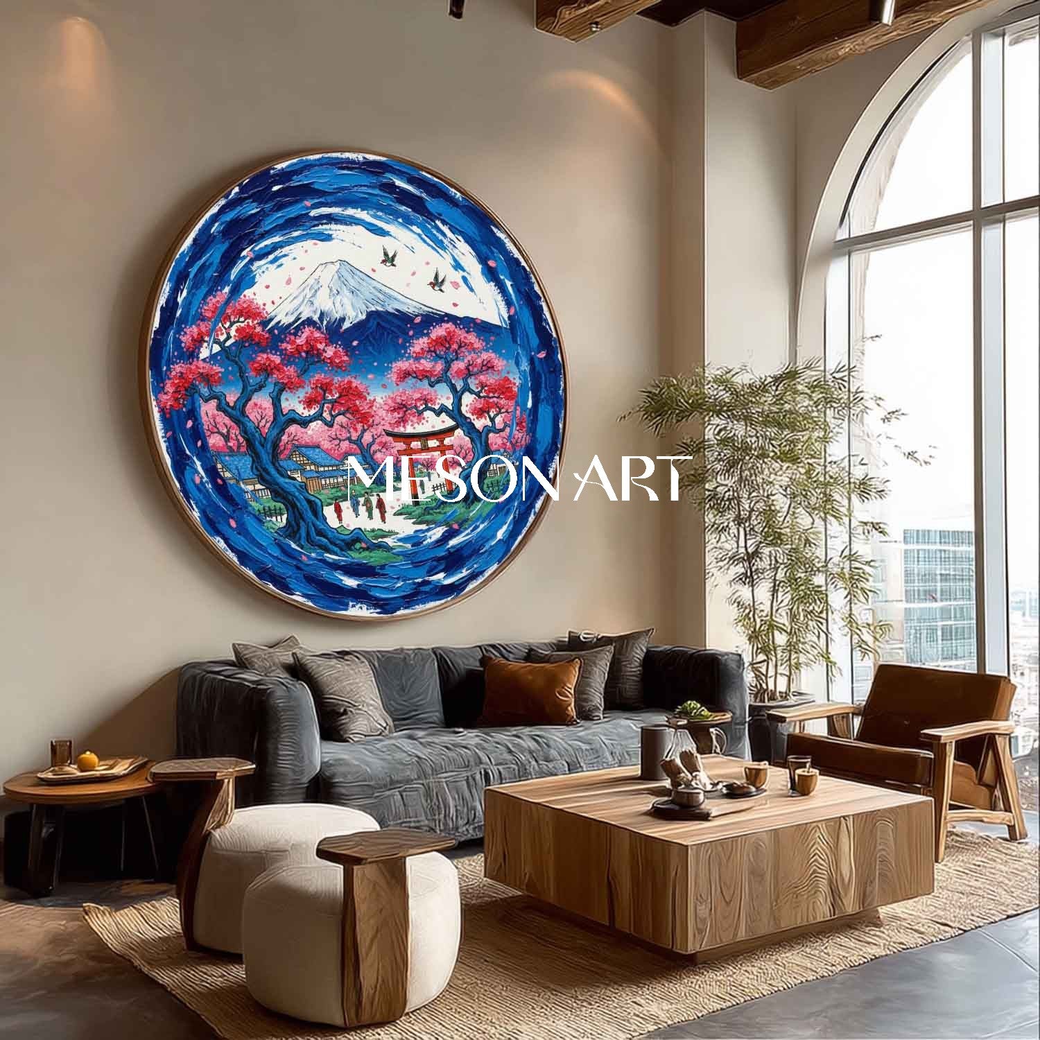 Circular Canvas Oil Painting Mt Fuji Cherry Blossom Wall Art MesonArt