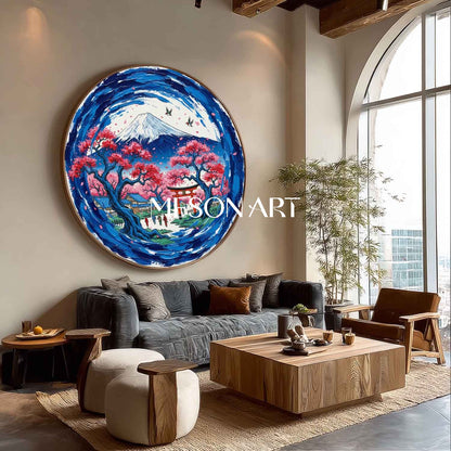 Circular Canvas Oil Painting Mt Fuji Cherry Blossom Wall Art MesonArt