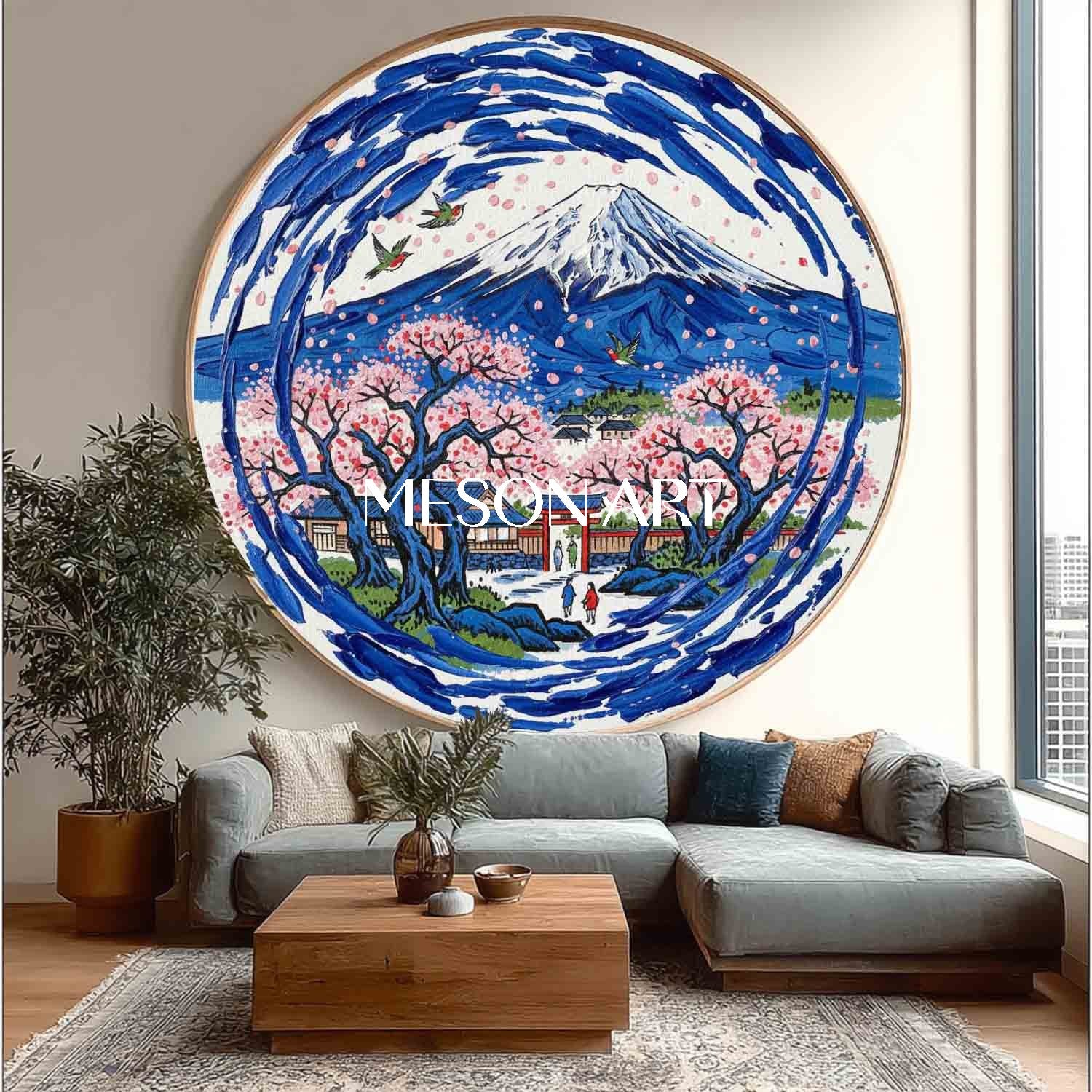 Mount Fuji Scenery Painting Pink Sakura Cherry Blossoms Oil Painting 