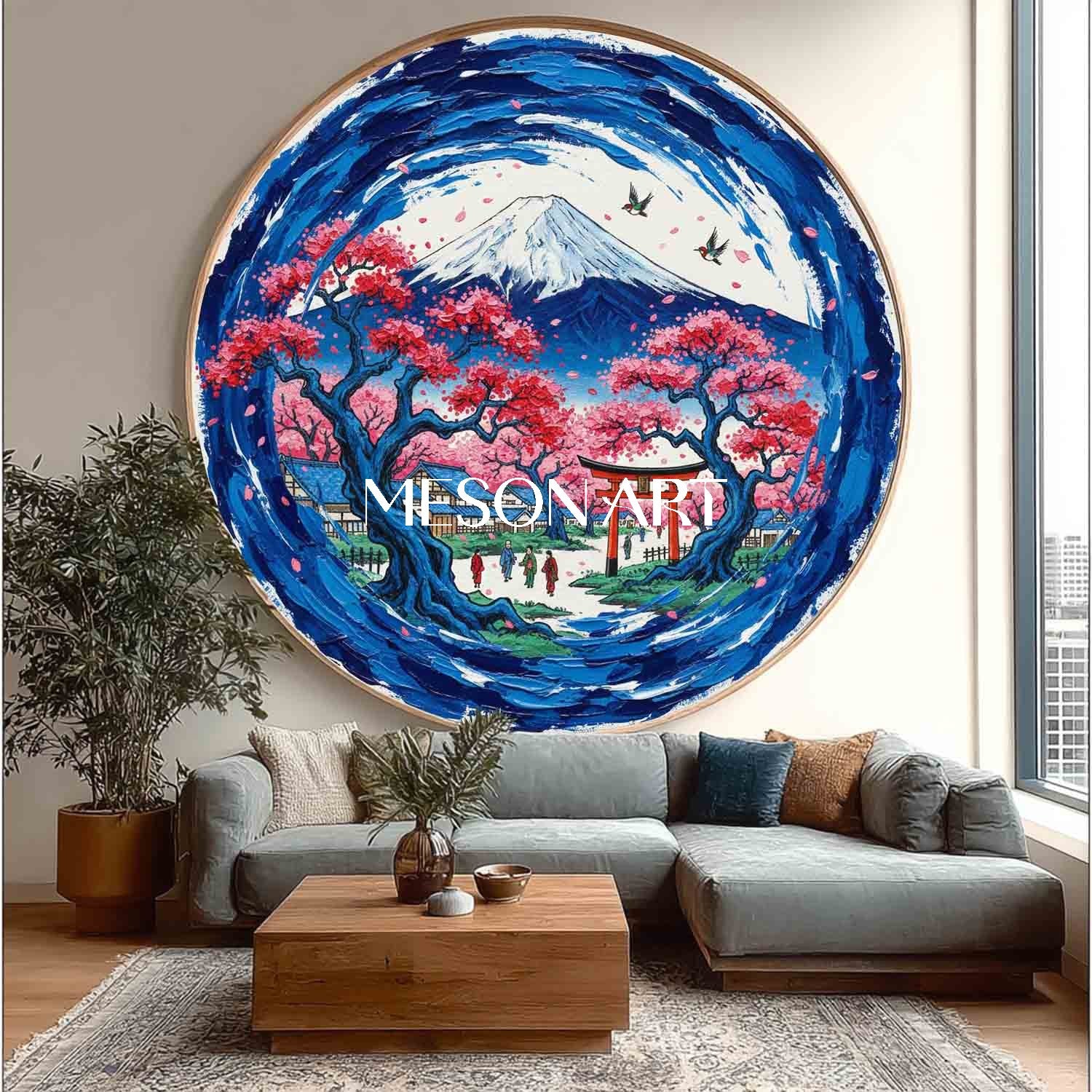 Circular Canvas Oil Painting Mt Fuji Cherry Blossom Wall Art MesonArt