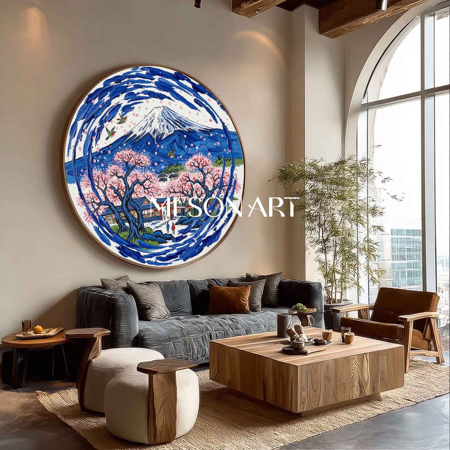 Mount Fuji Scenery Painting Pink Sakura Cherry Blossoms Oil Painting 