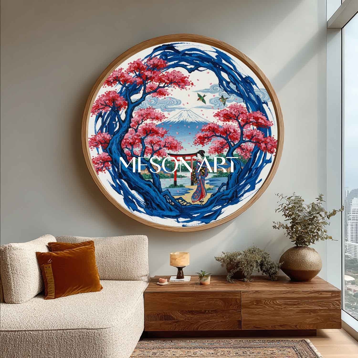 Round Japanese Landscape Oil Painting | Mt Fuji & Cherry Blossom Wall Art | MesonArt