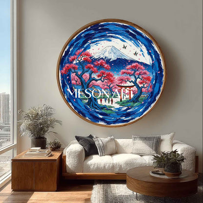 Circular Canvas Oil Painting Mt Fuji Cherry Blossom Wall Art MesonArt