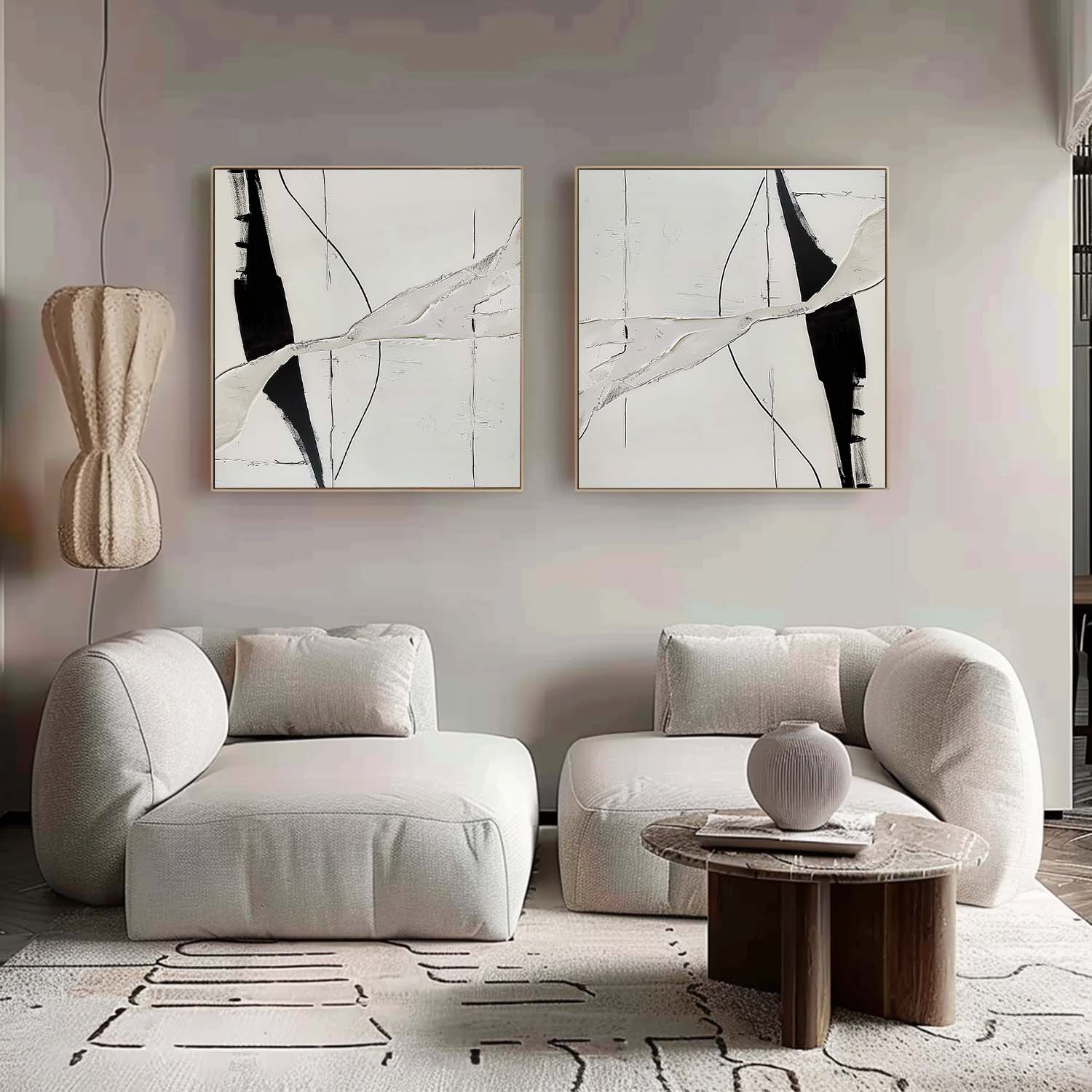 Black and White Minimalist Abstract Texture Painting Set of 2 Black and White Minimalist Canvas Wall Art for Sale