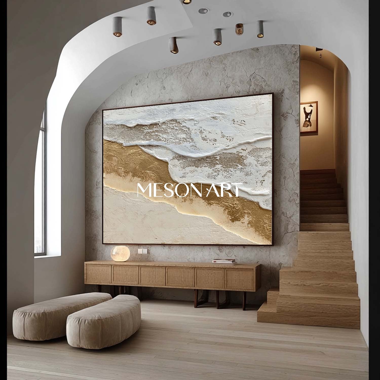 3D White and Gold Ocean Waves Texture Painting Beach Abstract Wall Art