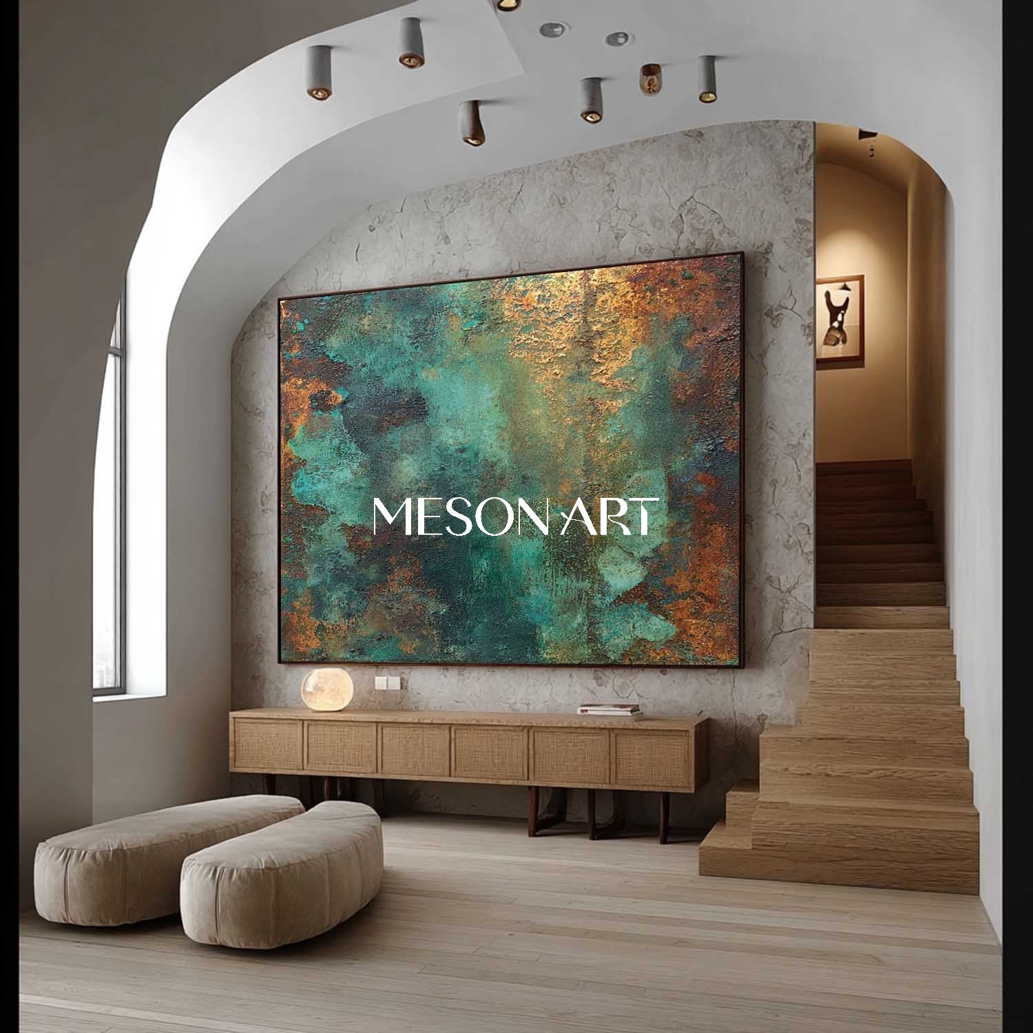 Large Abstract Green and Bronze Art for Bathroom Texture Wall Decor