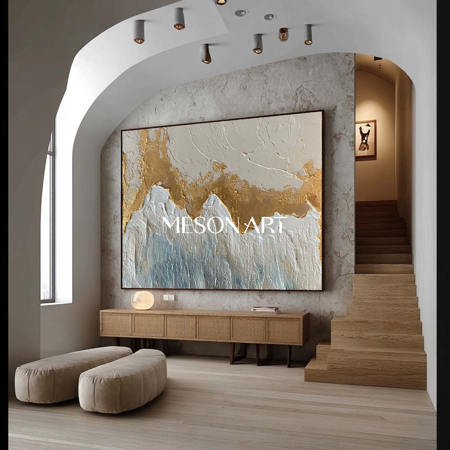 3D White and Gold Wave Texture Painting Plaster Abstract Wall Art