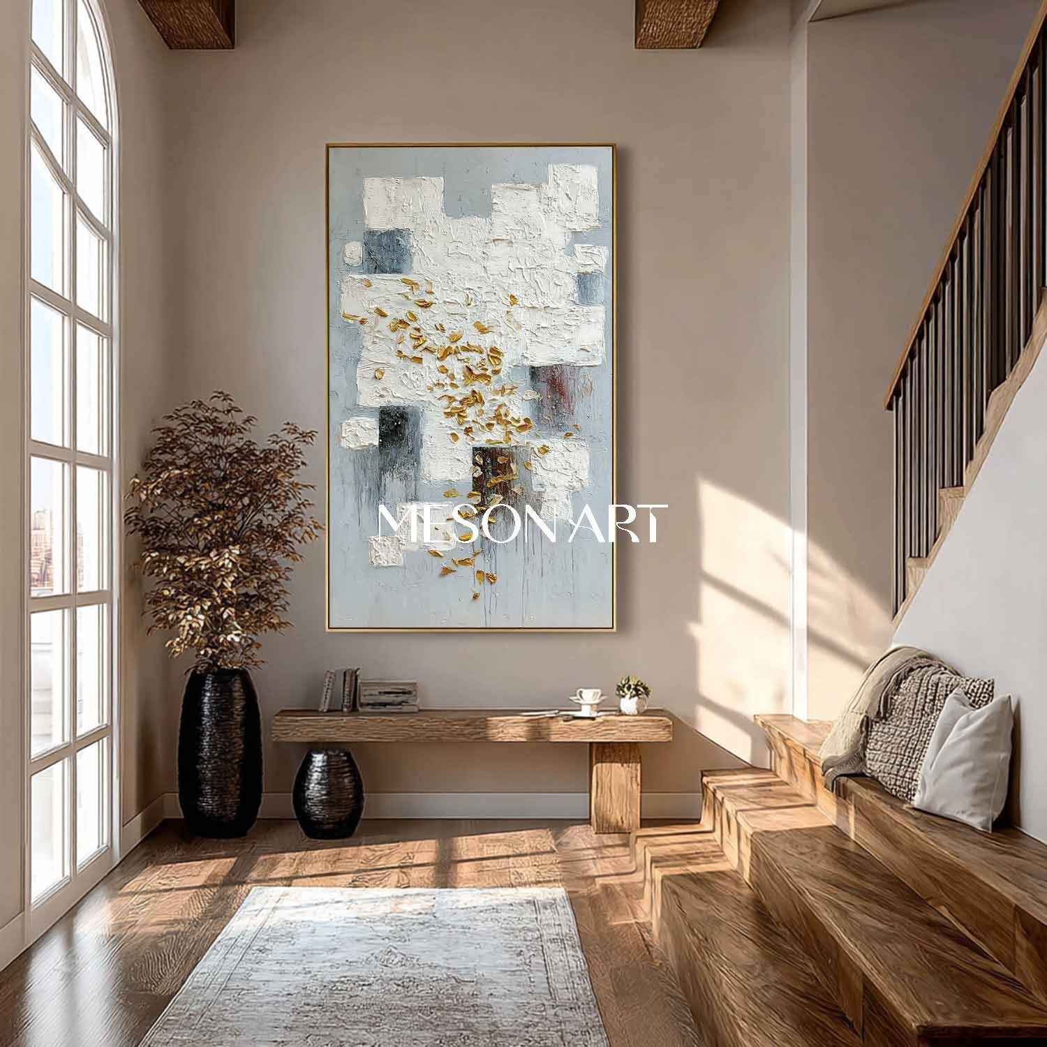 Vertical Abstract Painting White Blocks with Gold Textured Wall Art