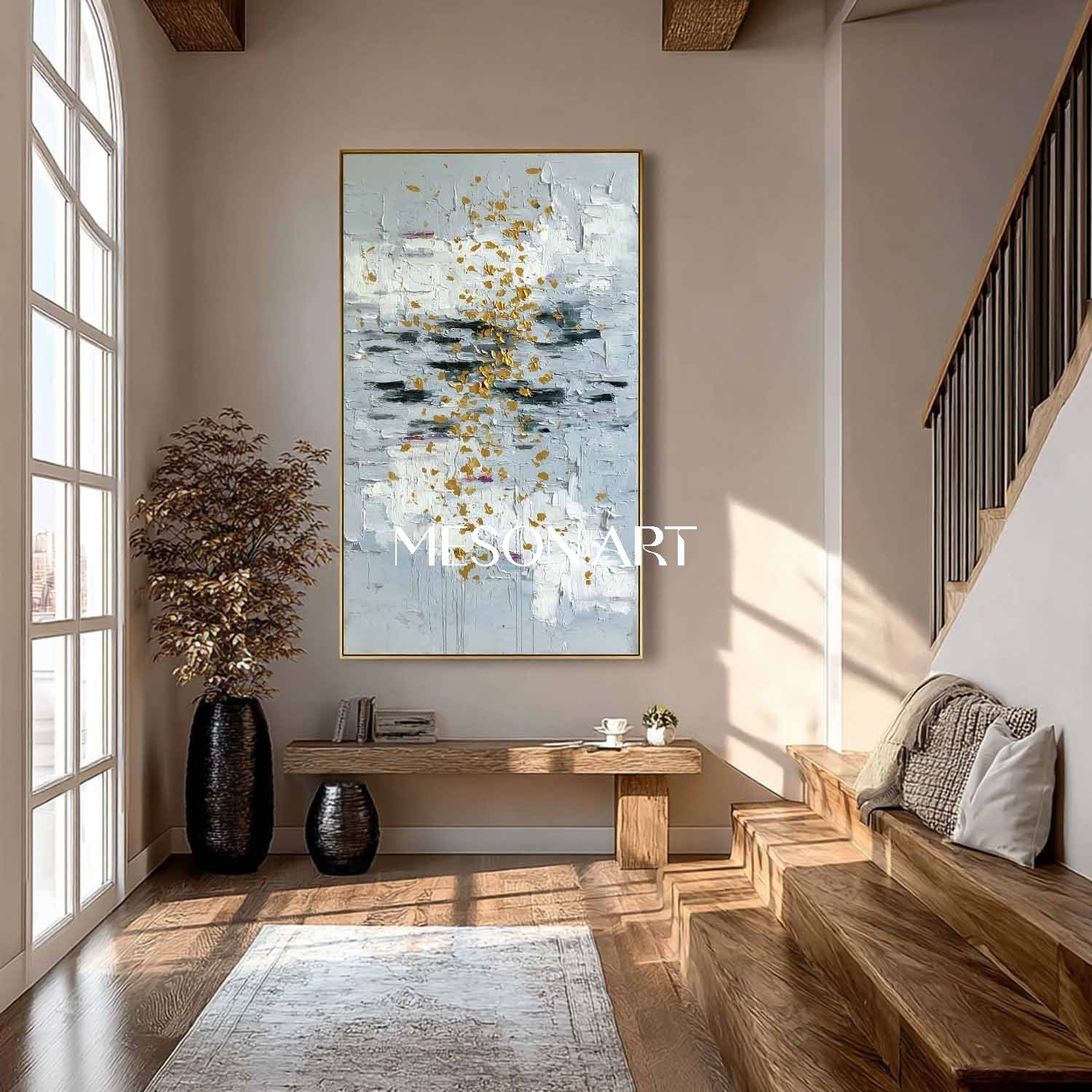 Vertical Abstract Wall Art Blue Gold Accents Large Textured Painting