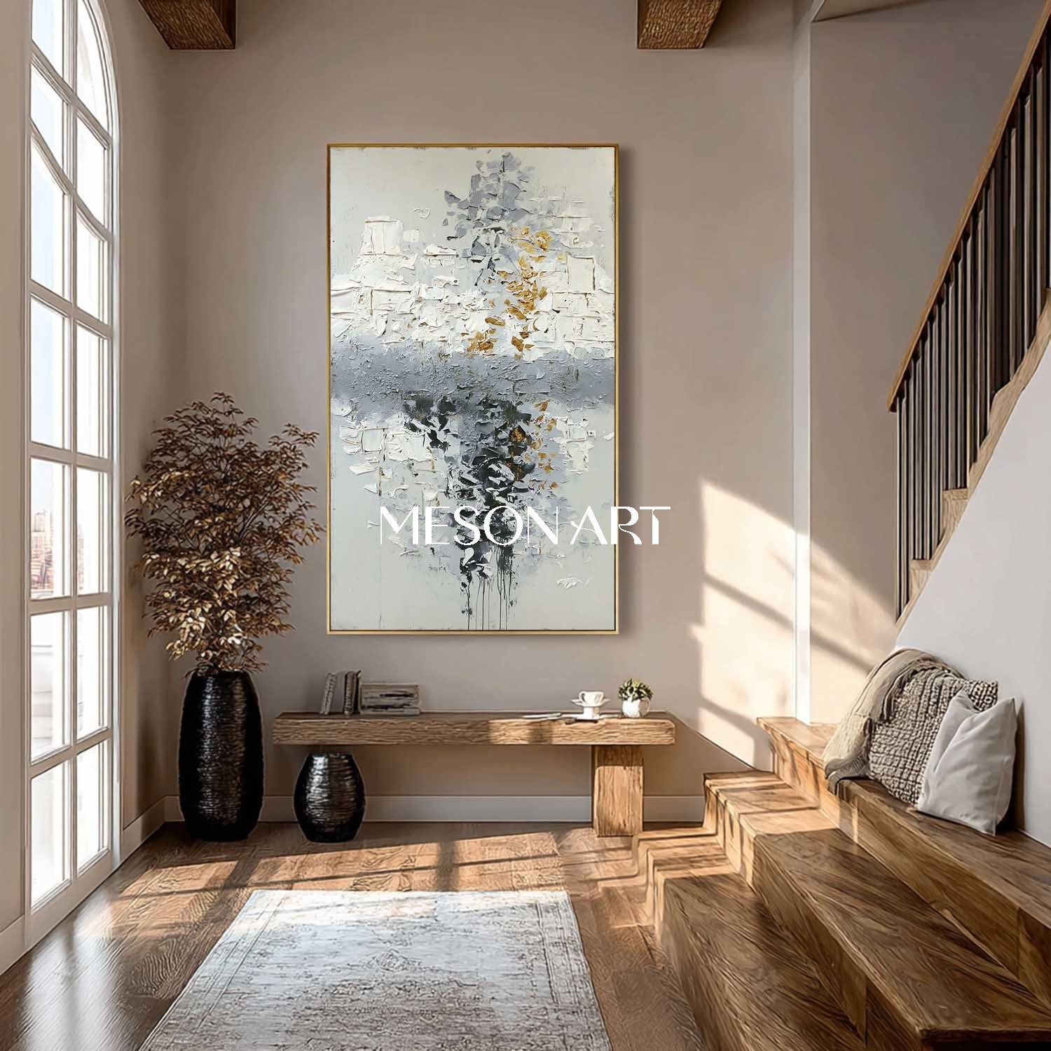 Vertical Abstract Painting Grey White Gold Textured Canvas Wall Decor