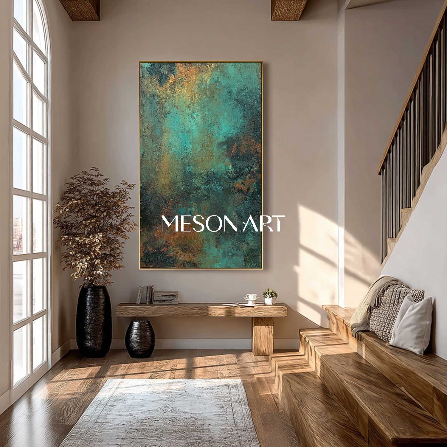 Large Green and Bronze Abstract Art for  50” x 100” Hallway or Corridor Wall Decoration 