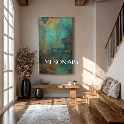Large Green and Bronze Abstract Art for  50” x 100” Hallway or Corridor Wall Decoration 