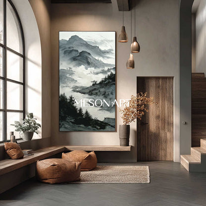Vertical Black White Wabi Sabi Landscape Textured Canvas Entryway Art