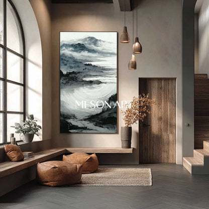 Large Black White Wabi Sabi Landscape Canvas Narrow Art Hallway Decor