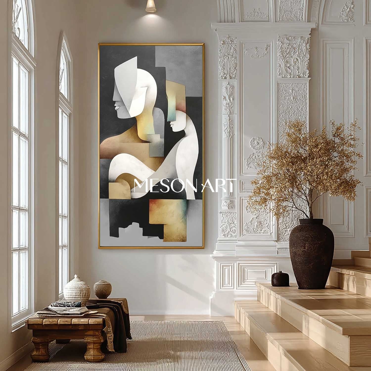 Black Vertical Modern Cubist Geometric Oil Painting Wall Art Entryway