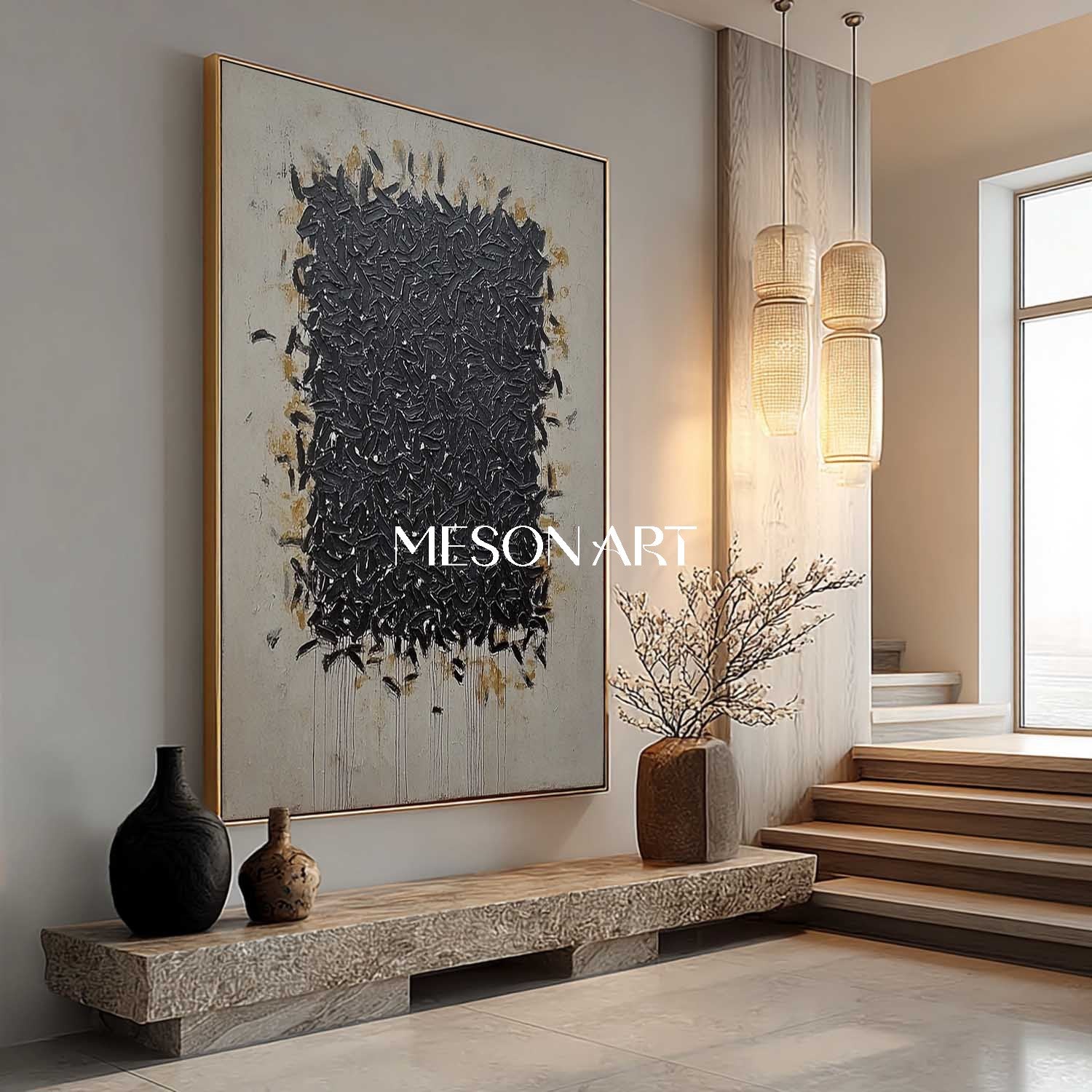 Handmade Black Abstract Painting Wabi-Sabi Style Minimalist Decor